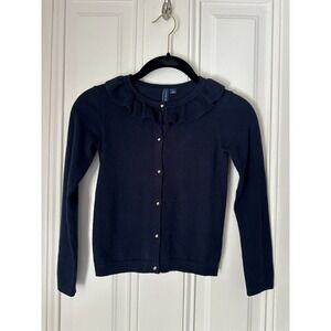 Janie & Jack Girls Size 6 Navy Ruffle Collar Gold Button Cardigan Sweater